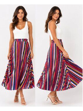 Lucy Paris Pleated Multi Stripe Midi Skirt Stretch Waist S/M Colourful